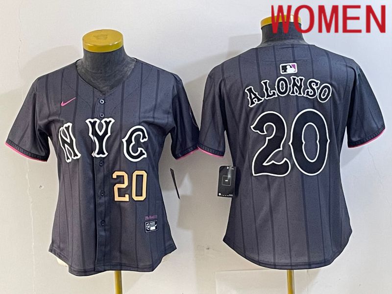 Women New York Mets 20 Alonso Black City Edition 2024 Nike MLB Jersey style 3